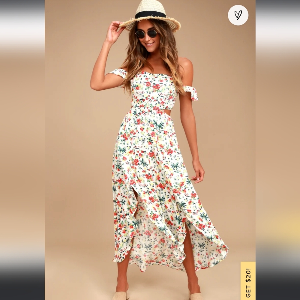 Easy on the Eyes Cream Floral Print Off-the- Shoulder Maxi Dress XS